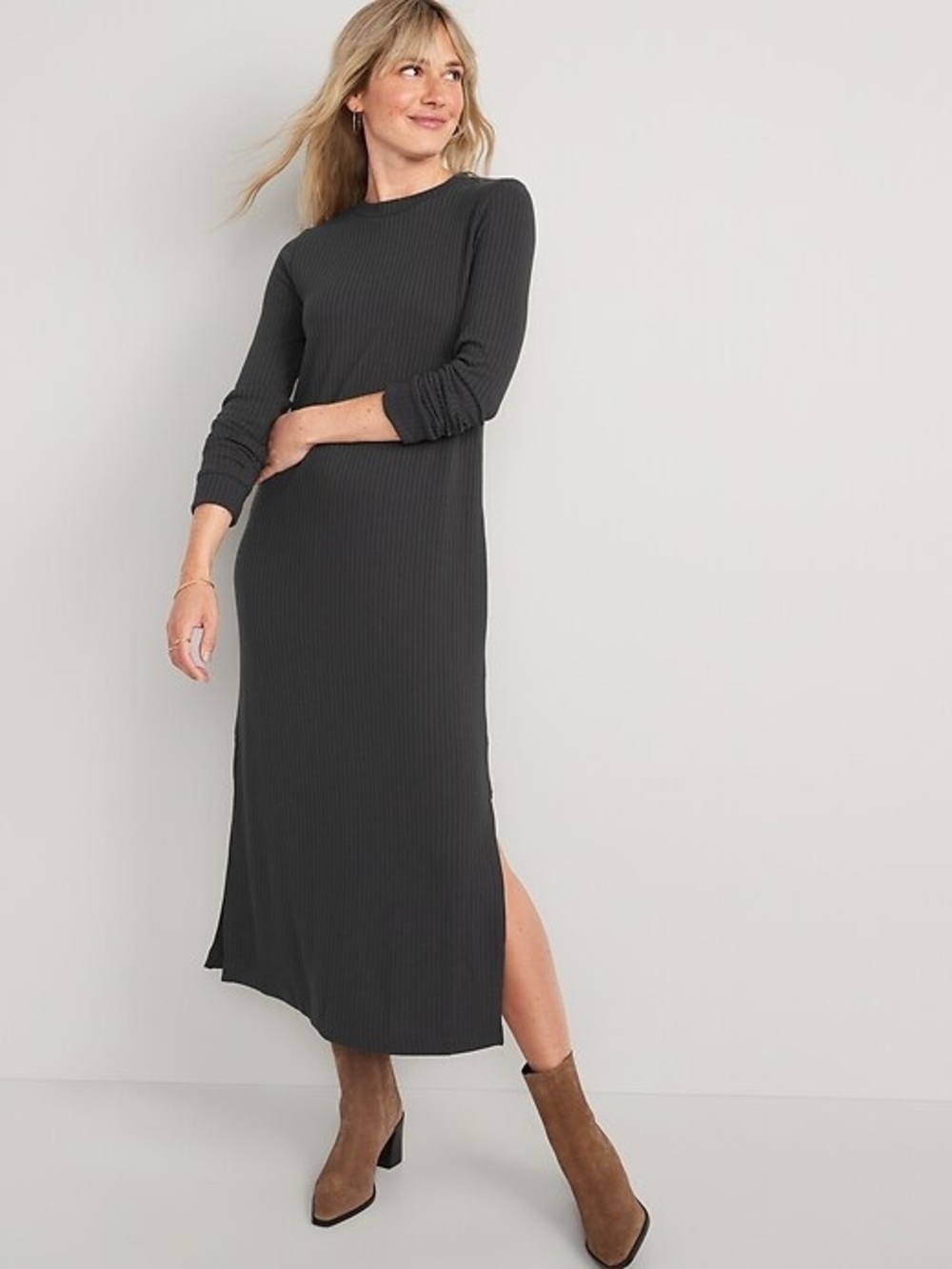NEW Old Navy Long Sleeves Ribbed Maxi Shift Dress Gray XL Minimalist Feminine